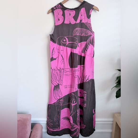 Anthropologie farm rio graphic tee shirt dress tiered pink brown L - Picture 2 of 7